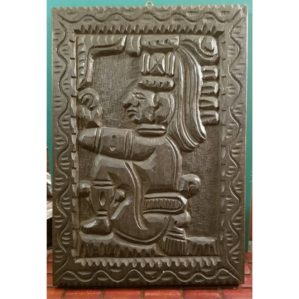 Vintage Aztec Mayan Mesoamerican God or Priest Hand Carved Wooden Figural Plaque